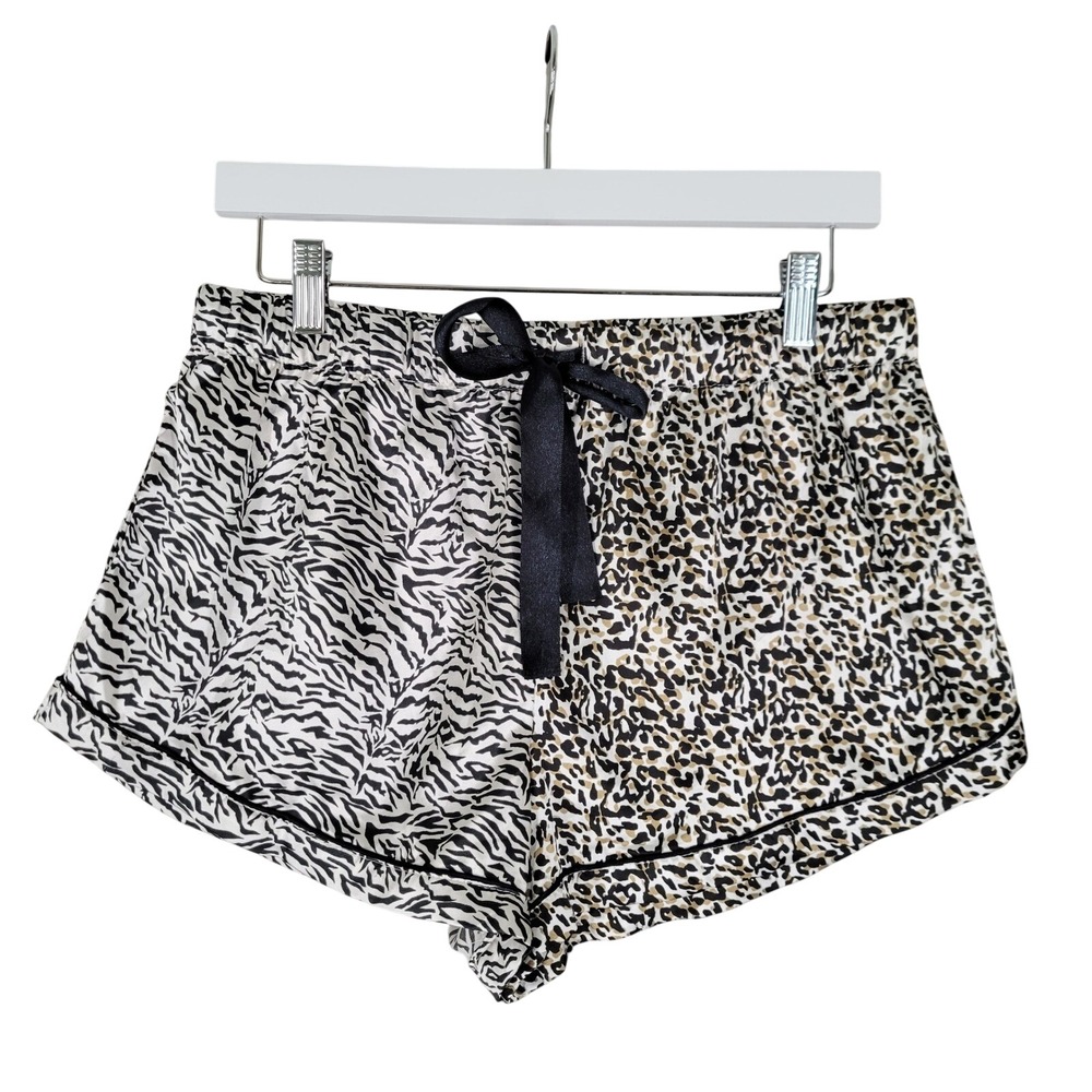 BB Dakota Pajama Shorts Women M Black White Mixed Animal Print Satin Ribbon Tie